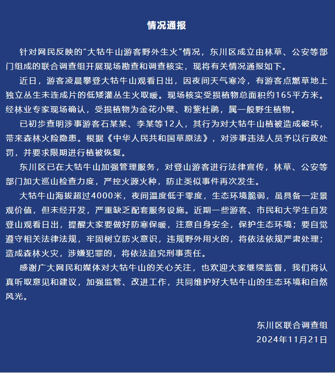 12 名游客野外生火取暖，165 平方米植被受损！他们将面临什么？